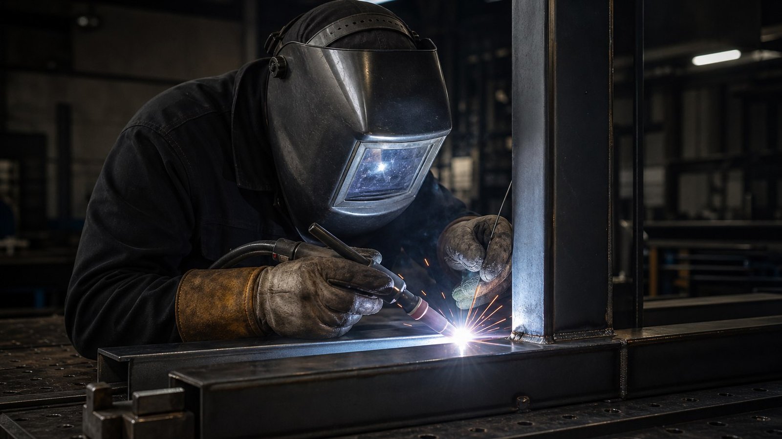 Professionelle Schwei&szlig;arbeit an einer Stahlkonstruktion